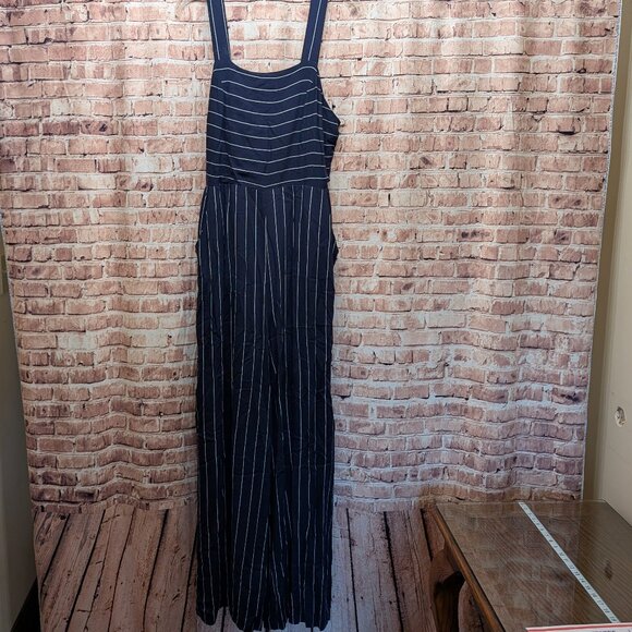 Cotton Candy LA Stevie Navy Striped Apron Tie Back Jumpsuit  Size Large - Picture 1 of 12